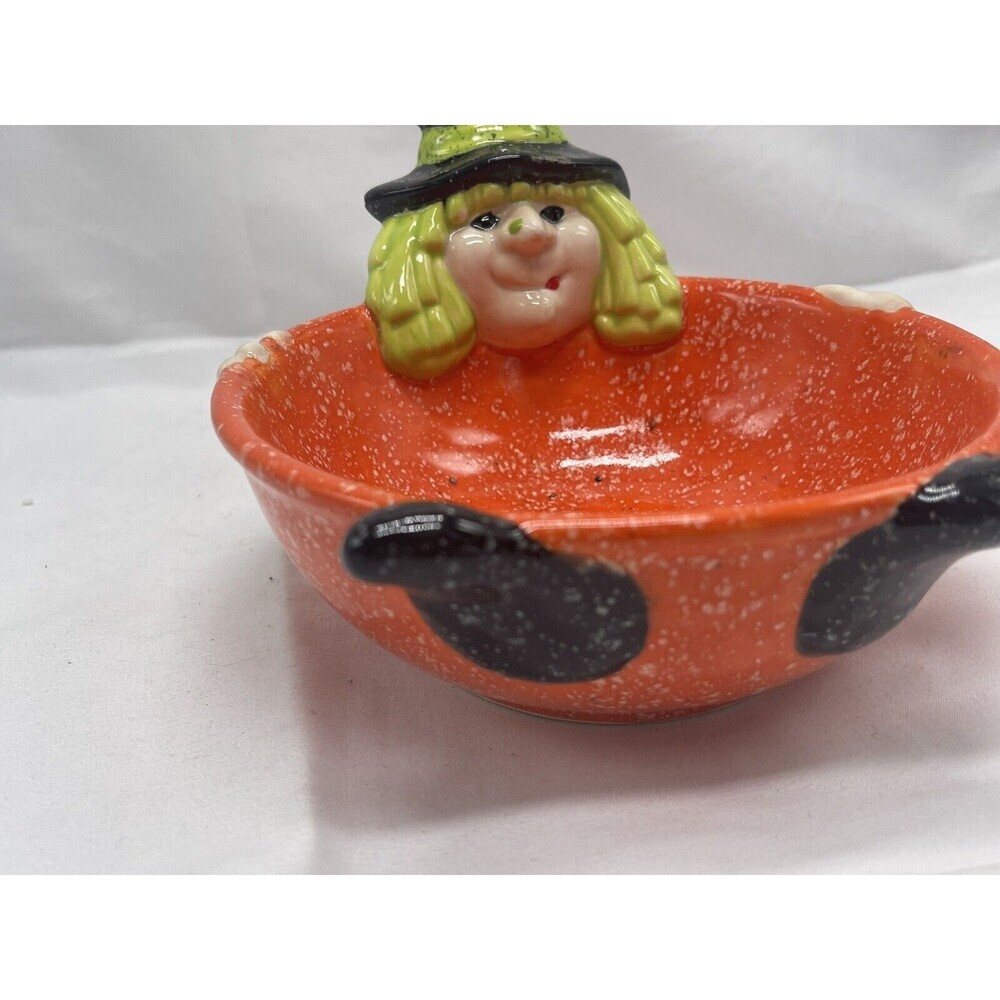 Cloe K Halloween Witch Candy Dish Bowl Ceramic Orange Green Black RARE - Picture 11 of 16